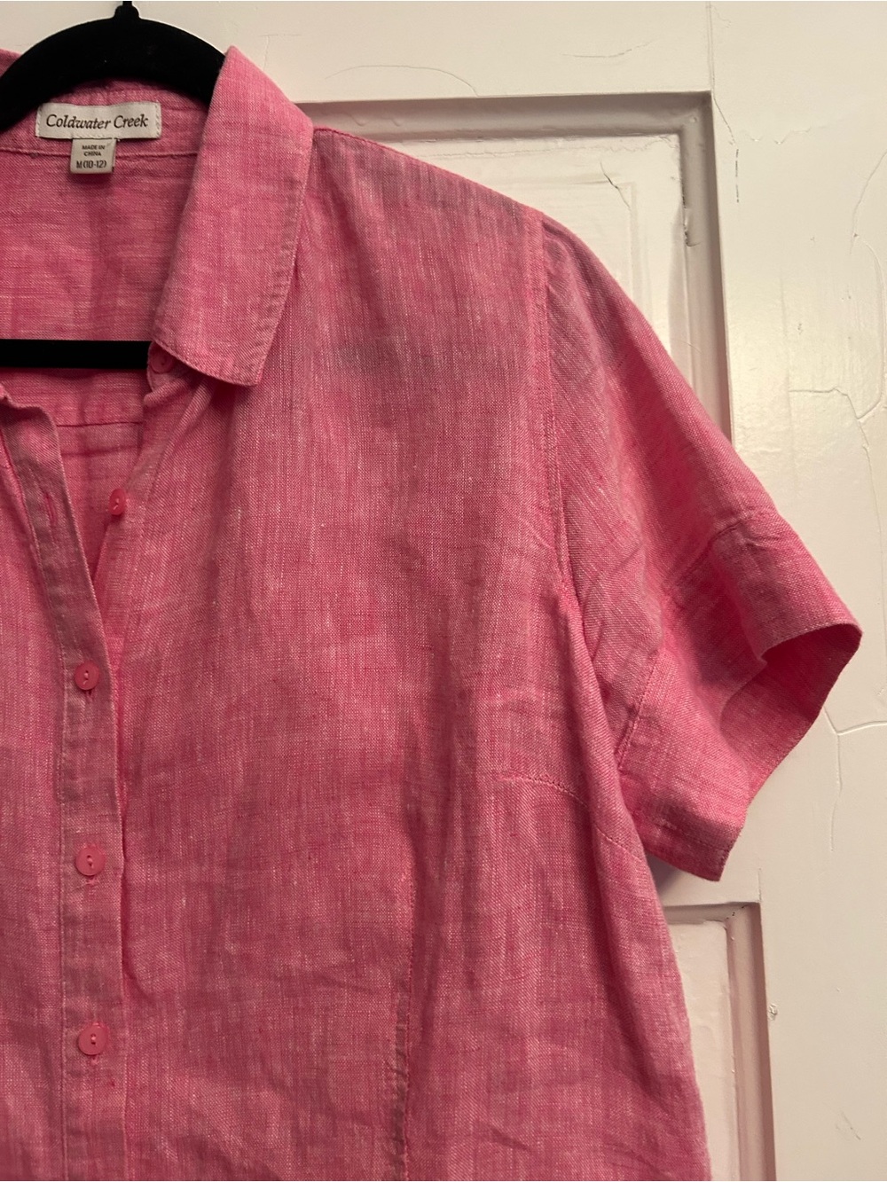 LINEN Coldwater Creek Rose-Pink Linen Button-Up Short Sleeve Blouse - Picture 7 of 9